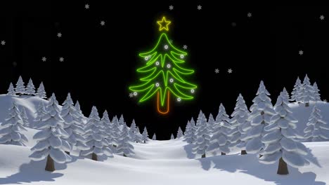 Animation-Eines-Neon-Weihnachtsbaums-über-Fallendem-Schnee-Und-Einer-Winterlandschaft