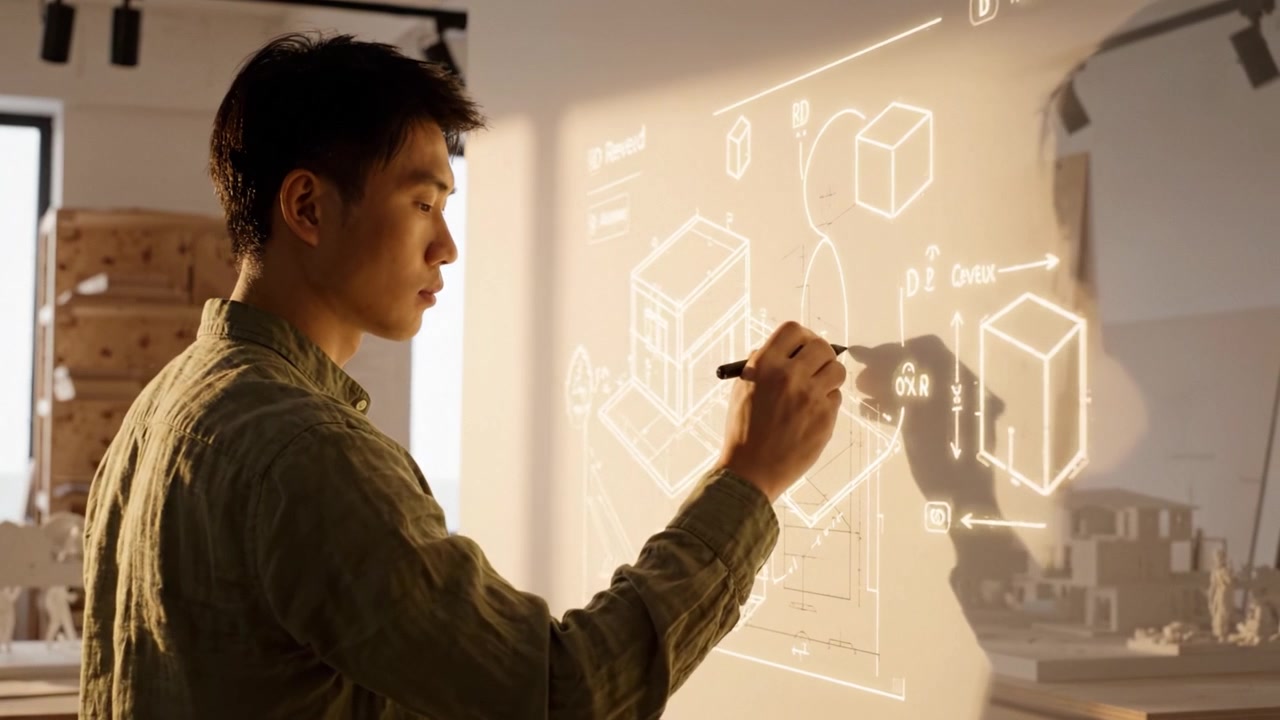 A focused designer creating architectural plans on a translucent screen, showcasing innovative designs and technical details with precision and skill in a modern studio.