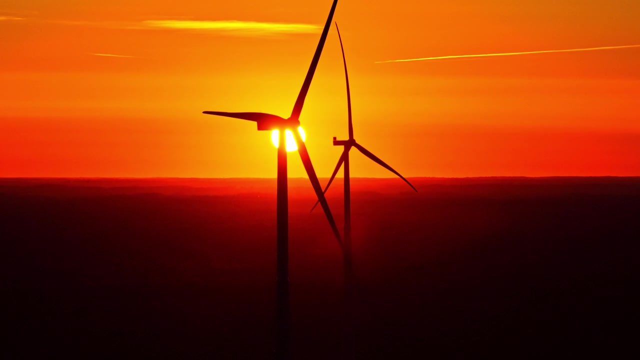 Nahaufnahme von Windturbinenblättern vor einem intensiven orangefarbenen Sonnenuntergangshimmel am Horizont.