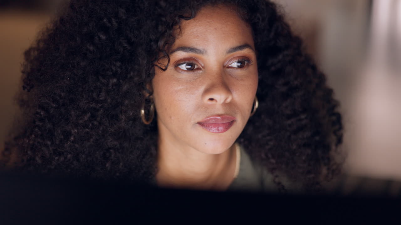 Work, overtime and business woman reading online