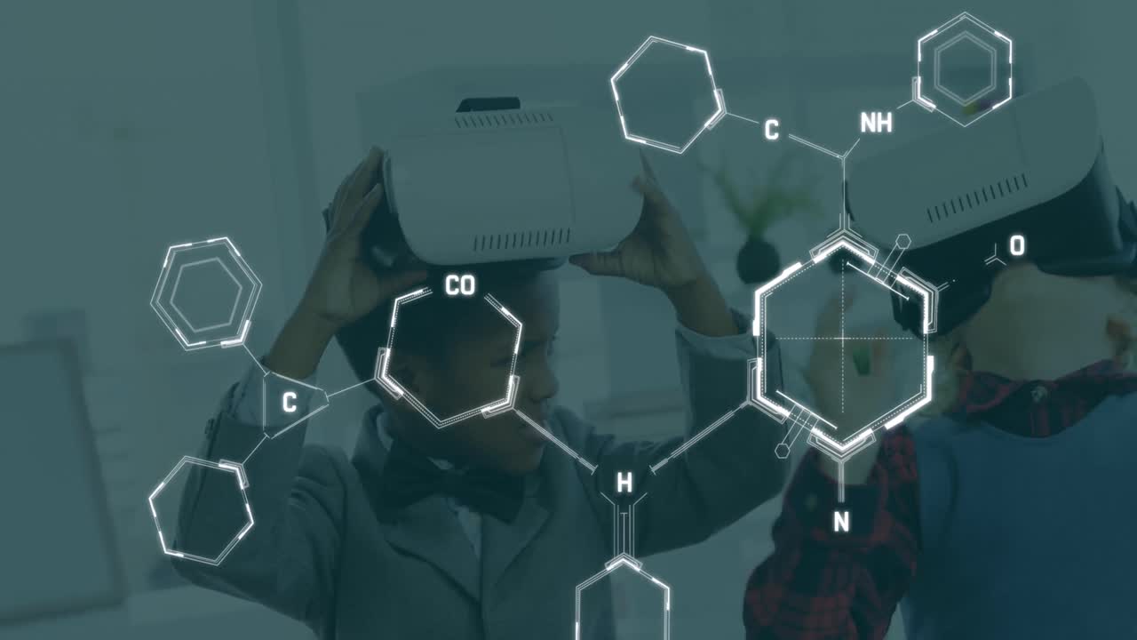 Animation of chemical formulas over african american boy using vr headset