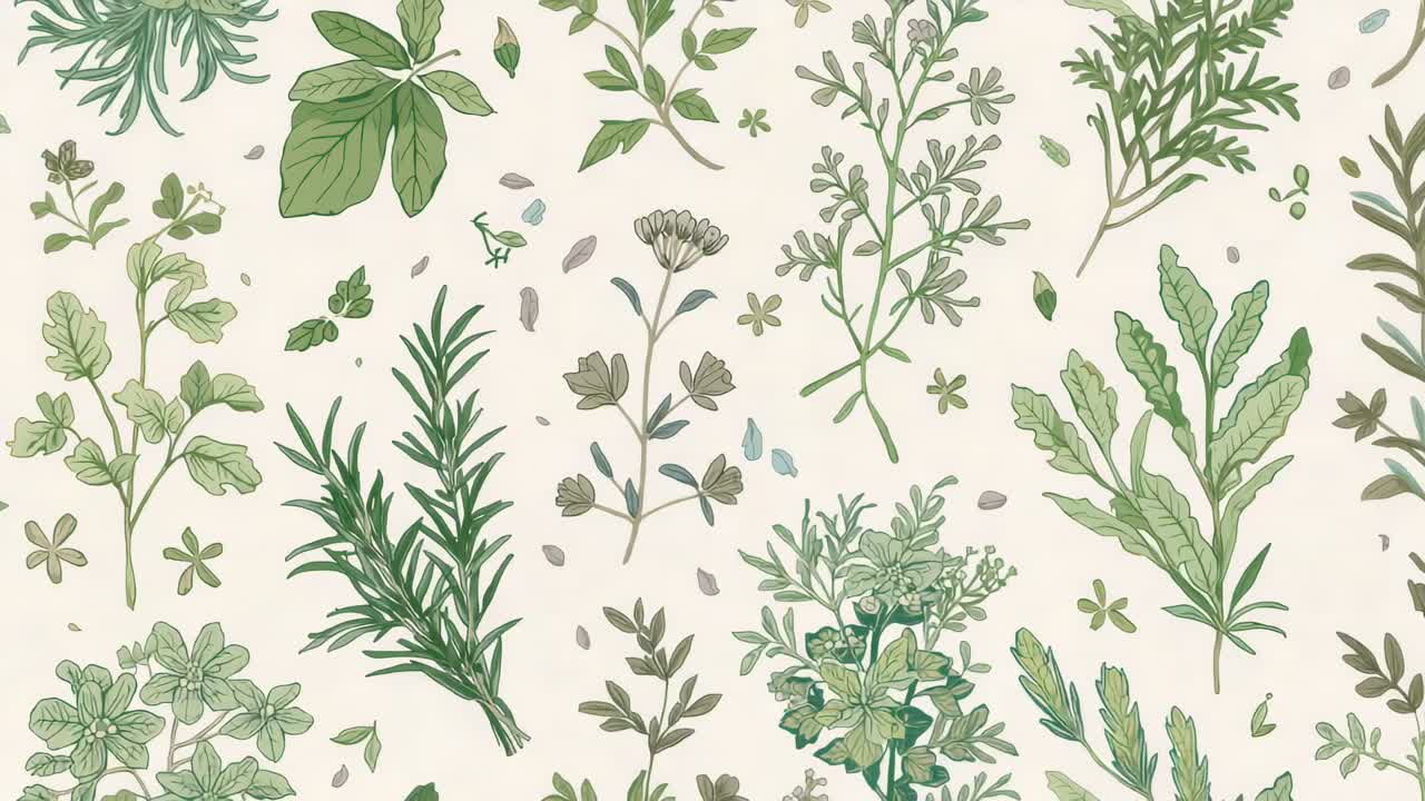 Starting pan, camera sliding right and down across pale cream paper, showing basil, rosemary motifs