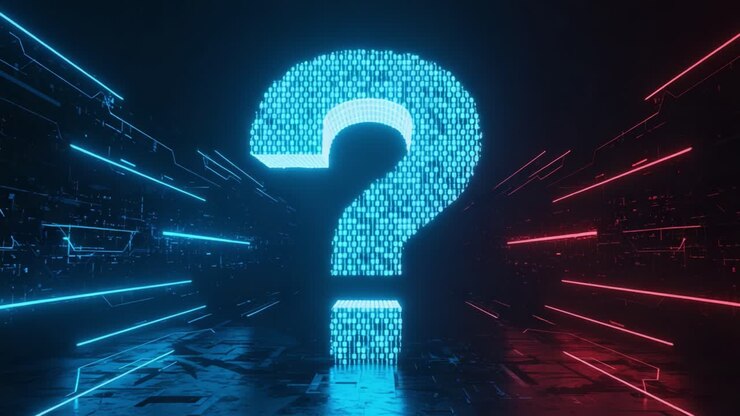 A Stunning Visual Representation of a Digital Question Mark Surrounded by Dynamic Binary Patterns in a Dual Color Scheme of Blue and Red Light