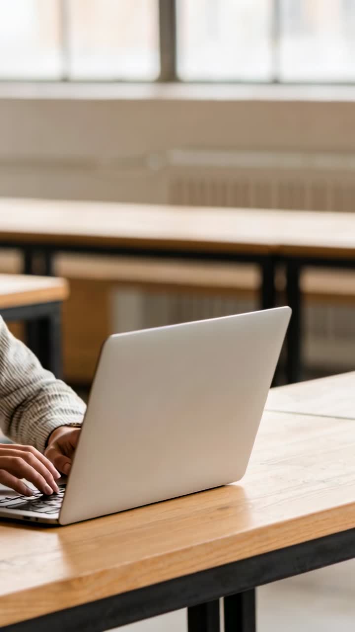 Video verticale: Adulto in maglione leggero che digita a un tavolo d'aula, davanti a un laptop aperto.