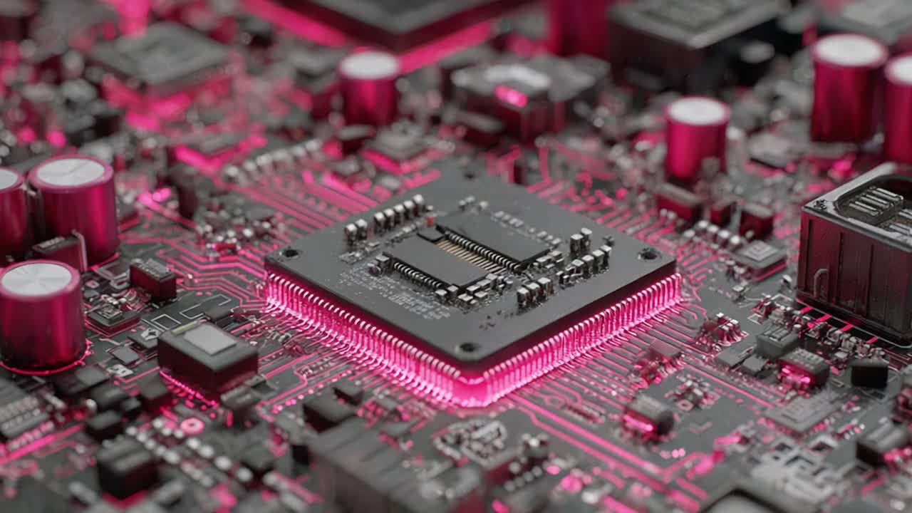 Close-Up Views of a High-Tech Circuit Board Featuring a Central Microchip Surrounded by Vibrant Pink LED Lighting and Complex Electronic Components