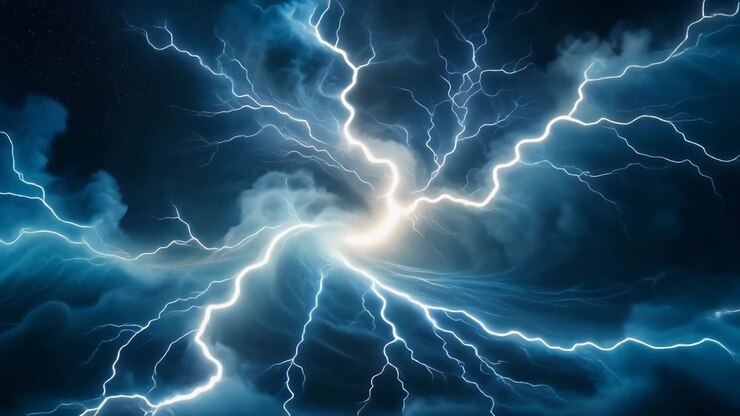 Intenso temporale con fulmini elettrici luminosi tra nuvole scure