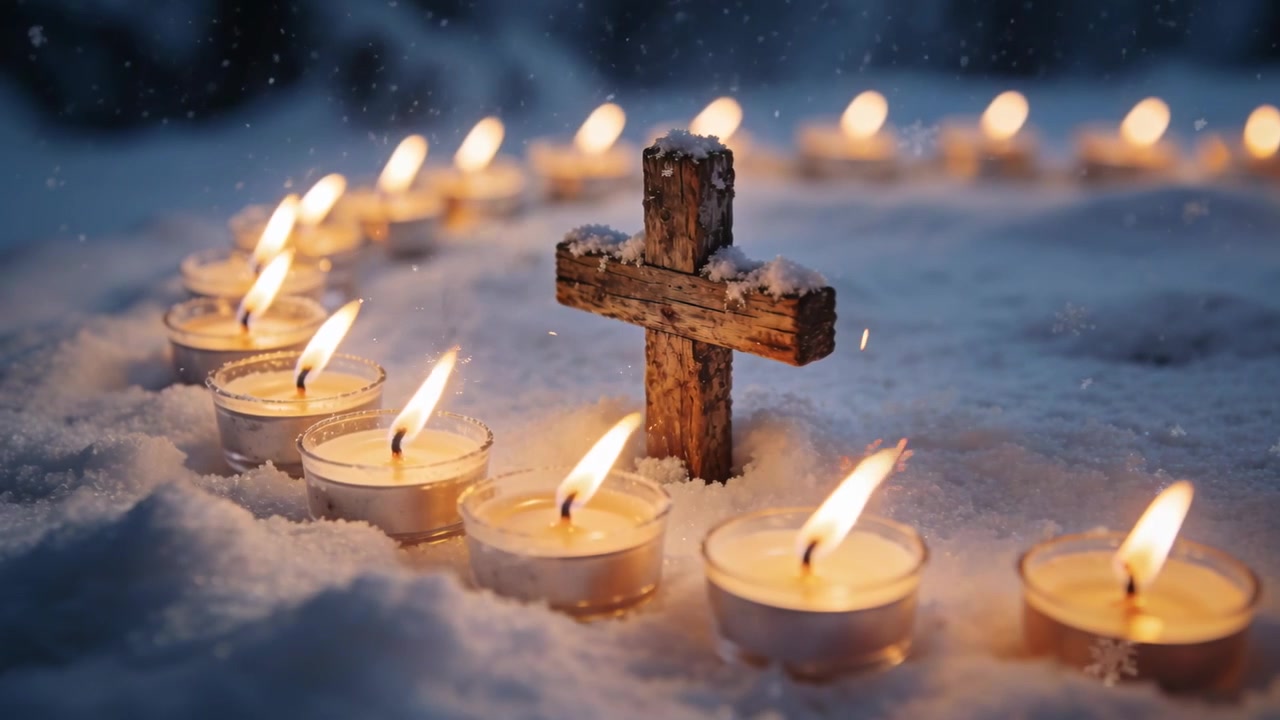 Falling snow causing candle flames flickering around small wooden cross on snow, with tea lights