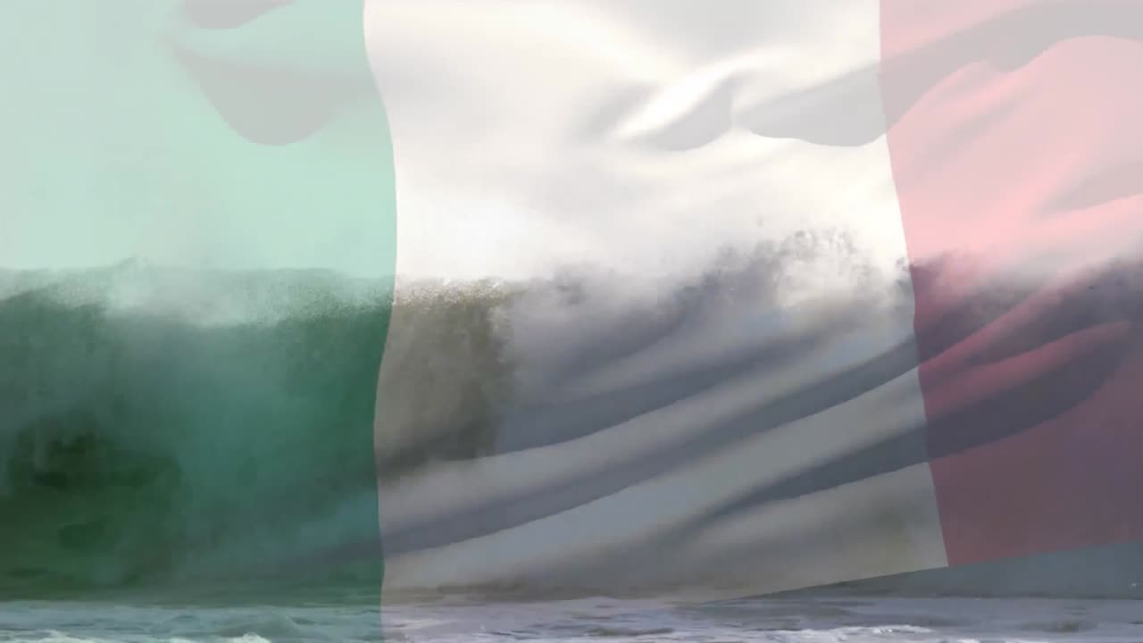 Animazione della bandiera dell'Italia che sventola su un paesaggio marino con spiaggia.