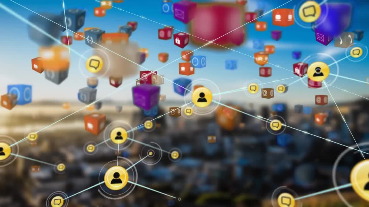 이 비디오 는 그 위 에 떠다니는 미디어 아이콘 과 함께 도시 풍경 을 보여 줍니다