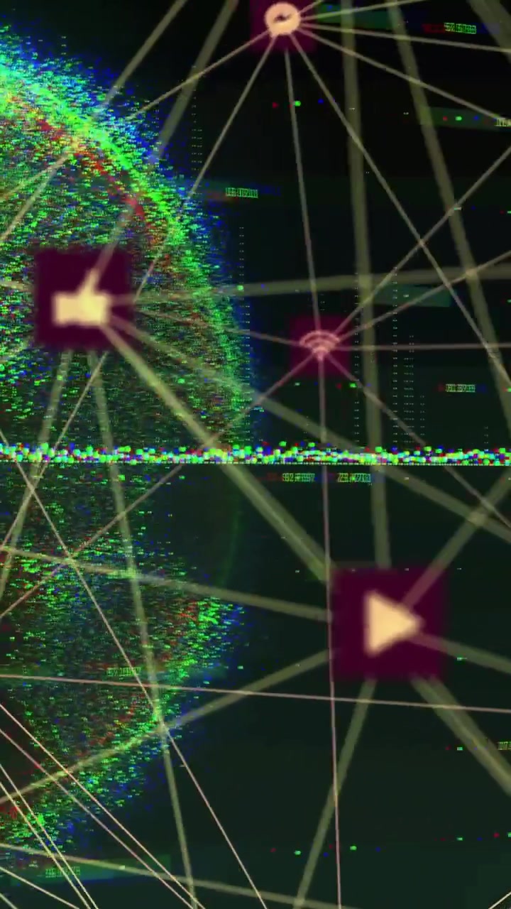 Vertikal video: Digital globus viser magenta-badges, der glider, linjer tegnes, noder forbindes, kortlægning