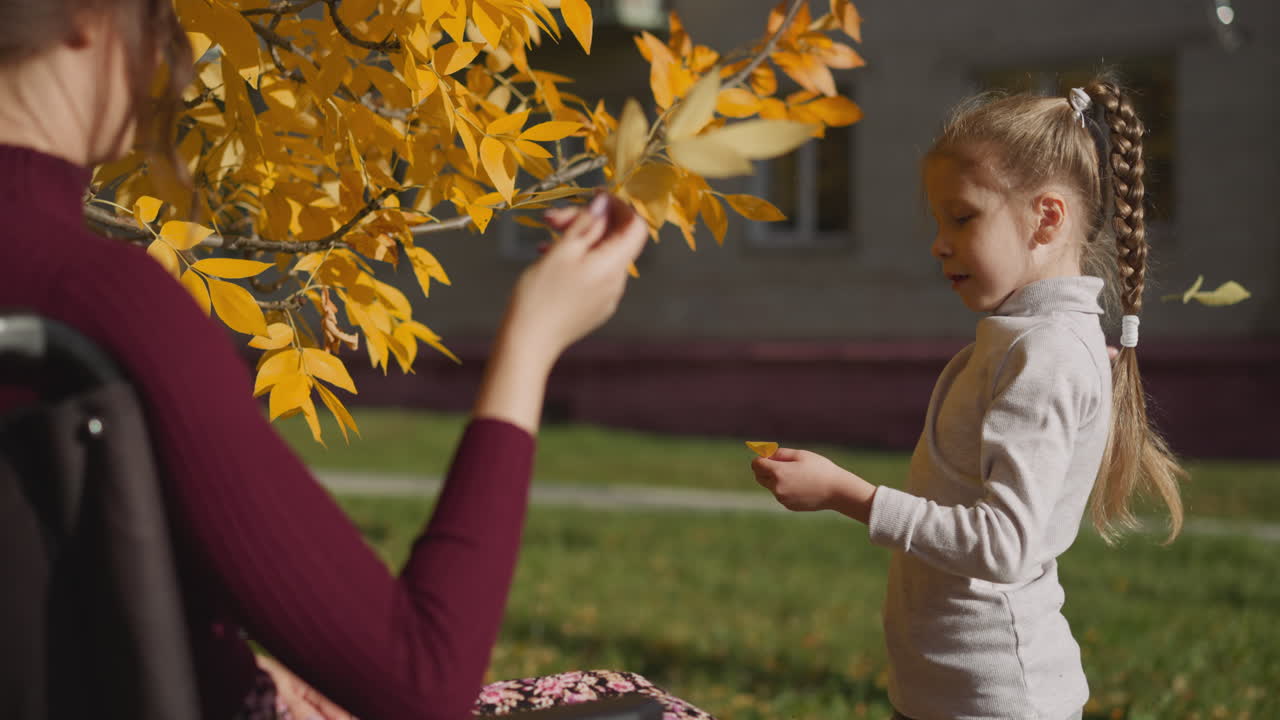 тетя с инвалидностью и маленькая племянница играют с сухими листьями