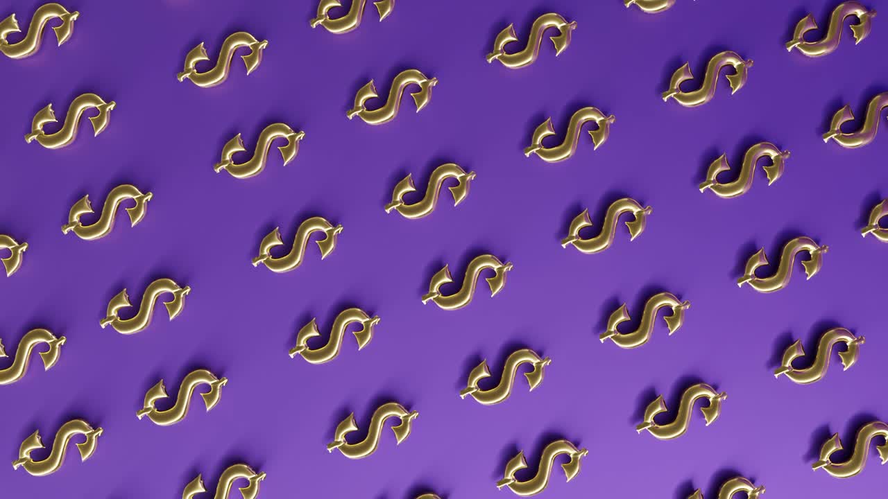 oro dorado usd dólar de los ee.uu. signo de dinero logotipo en fondo púrpura 3d renderización de animación vertical