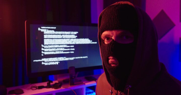 Persona mascherata con una felpa con cappuccio che guarda verso la fotocamera, con un monitor di computer che mostra codice sullo sfondo. Concetto di cybersecurity, crimine informatico, hacking, minacce digitali, anonimato