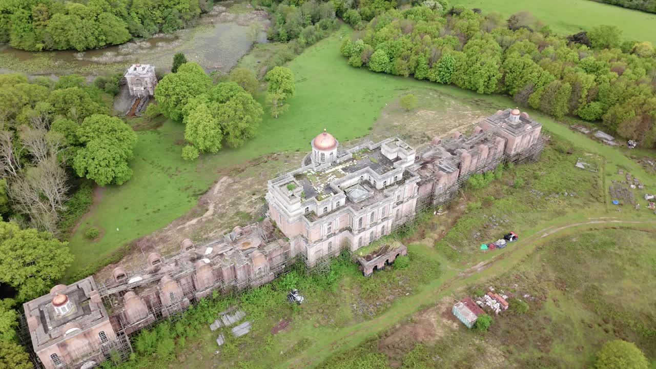 Abandoned, Deserted Mansion Estate in Eerie Decaying Ruins, Aerial