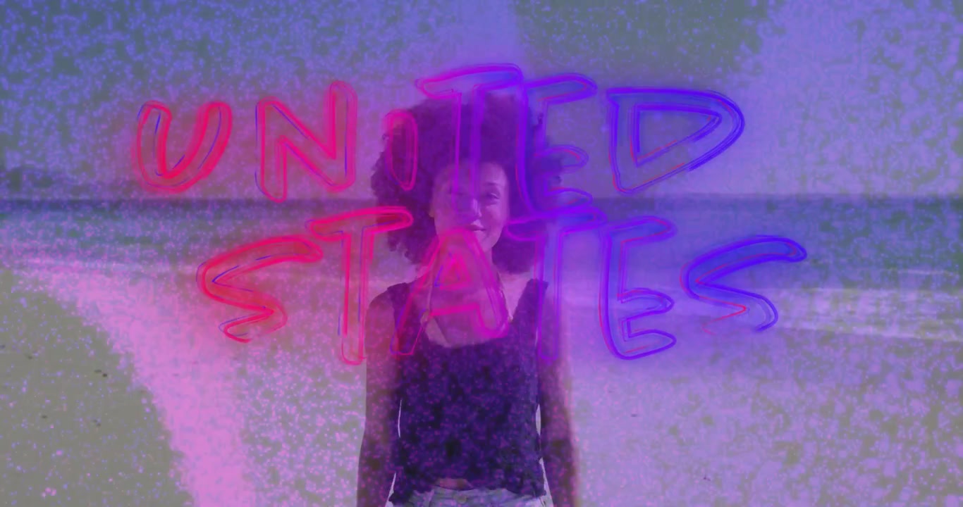 Woman standing at shore encountering glitch overlay and unveiling neon UNITED STATES text for tech