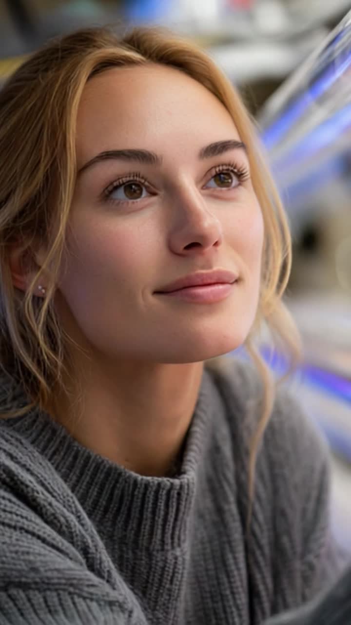 A thoughtful young woman gazes into the distance with a serene expression, captured in a moment reflecting contemplation and tranquility, surrounded by soft lighting