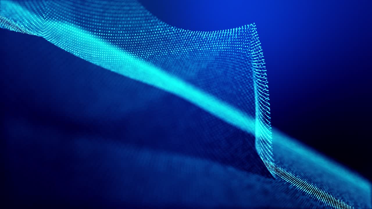 4k looped abstract background of glow particles form lines, surfaces as futuristic landscape in cyberspace or hologram. Sci-fi theme of microworld, nanotechnology or cosmic space. Blue sharp peaks 3