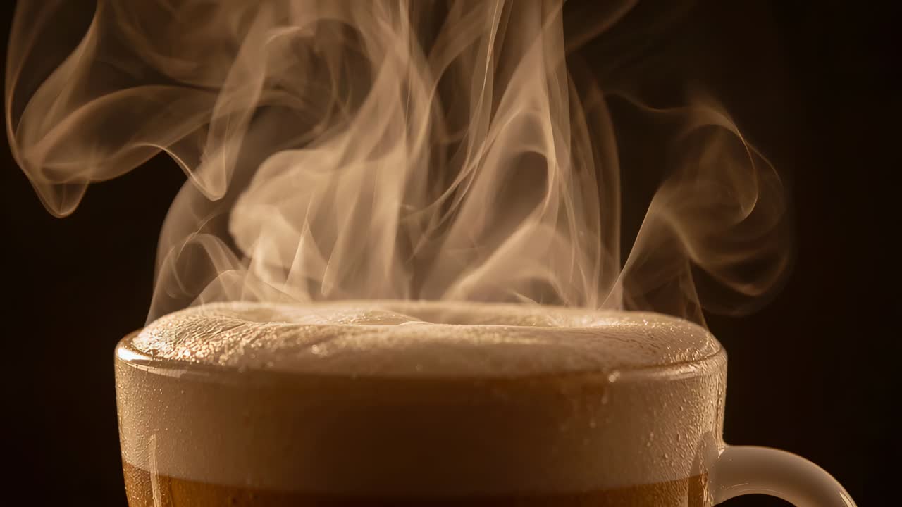 Emanating ceramic mug releasing rising steam and curling wisps from heat in studio with foamy top
