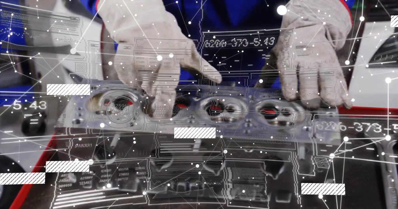 Automotive tech reaching toward cylinder head and pressing valves while checking HUD data overlay