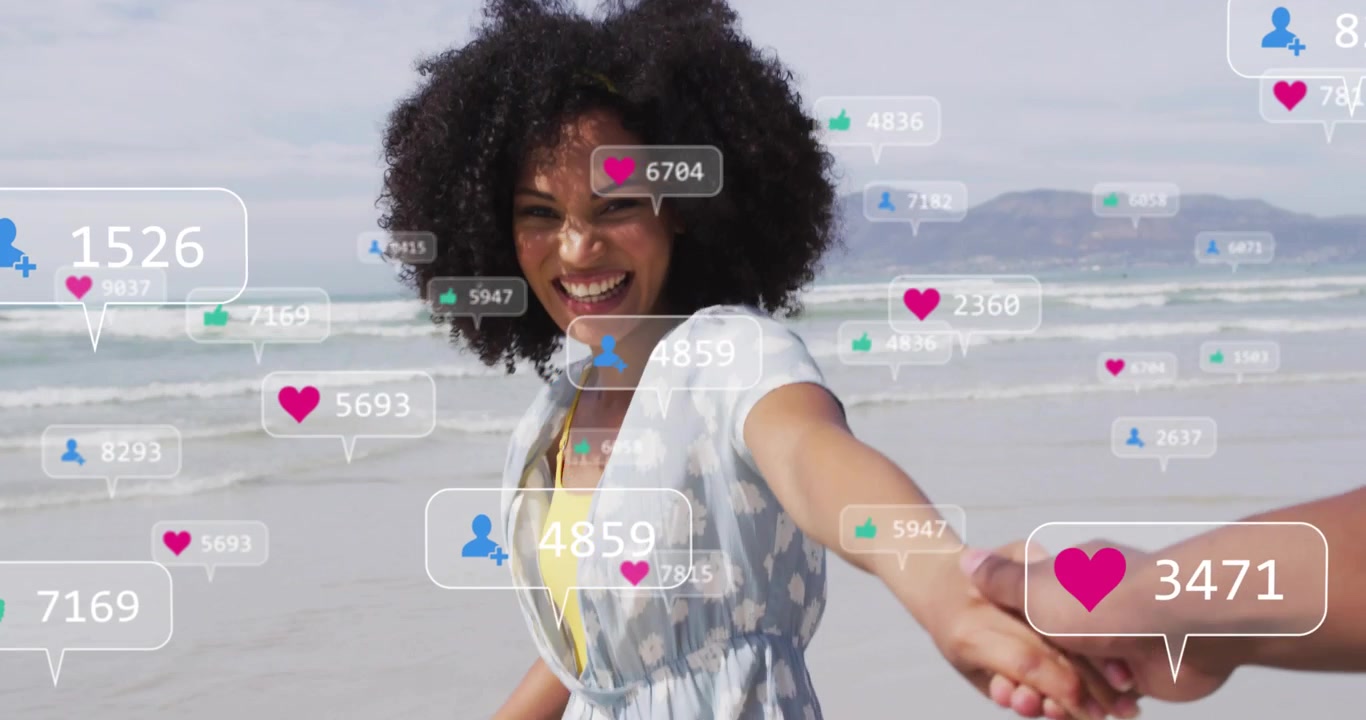 Woman holding partner hand tugging along shoreline inviting follow as social icons drifting seaward