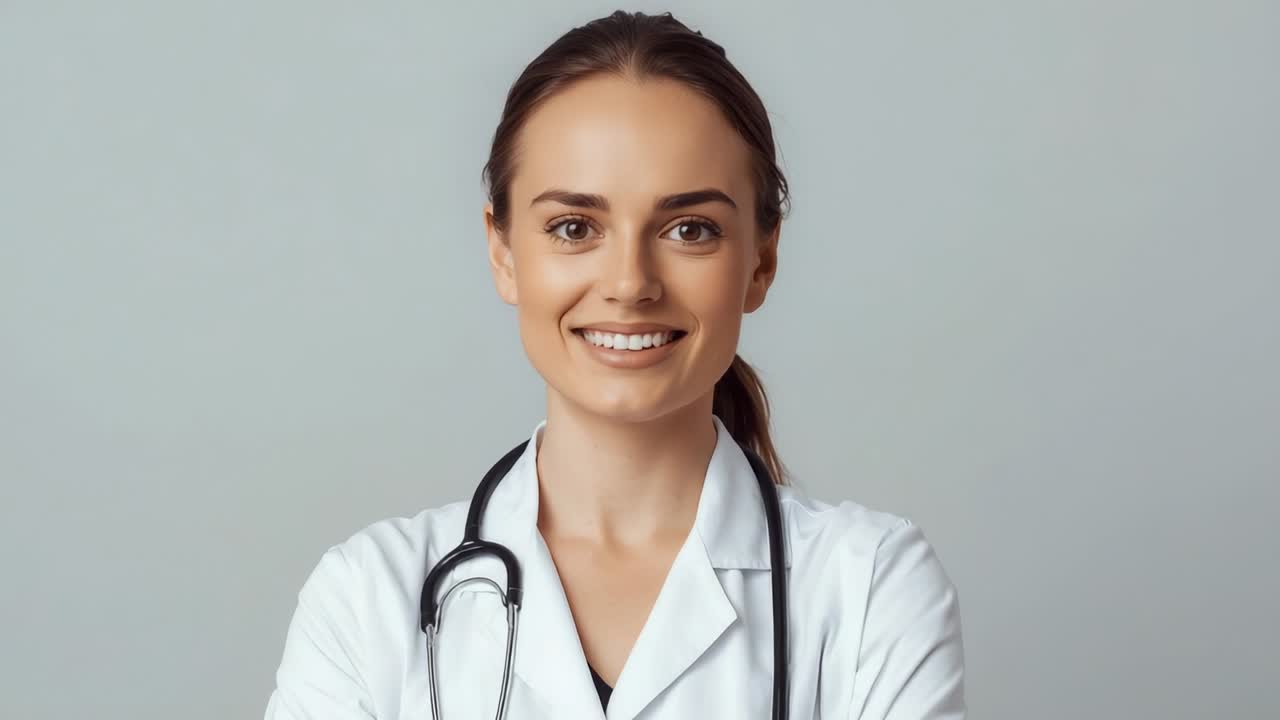 Câmera aproximando o zoom de um médico de jaleco usando um estetoscópio em uma parede cinza, transmitindo confiança