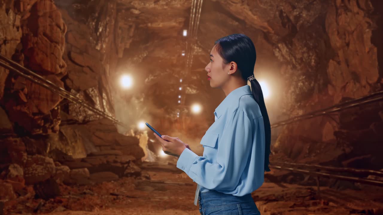 Side View Of Asian Female In Underground Mine Tunnel, Observes By Looking Up Then She Come To Concentrating On The Phone And Keep On Checking