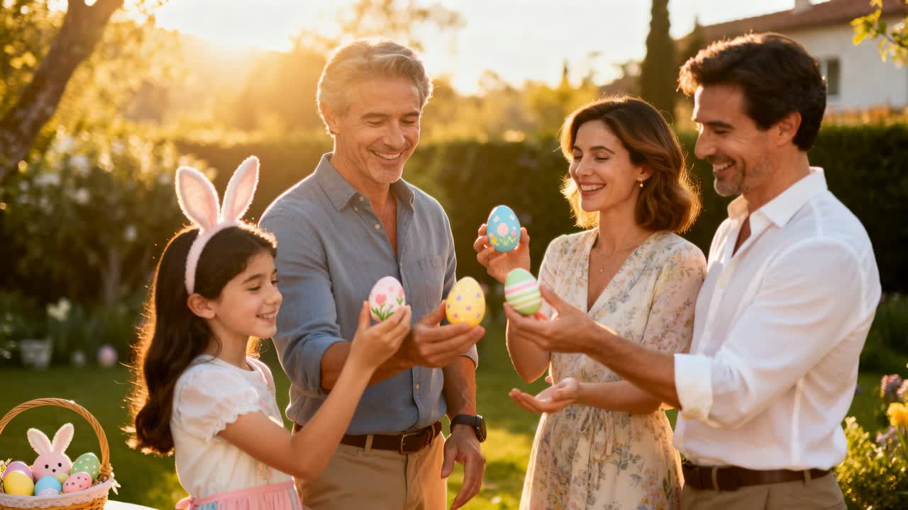 Con il sole che riscalda, famiglia che solleva uova di Pasqua in giardino, bambino con orecchie da coniglio che festeggia