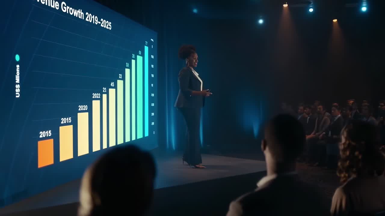 Woman Presenting Business Data and Charts to an Audience on Stage
