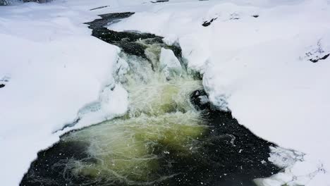 AERIAL-CLOSE-UP-tilt-reveal-of-a-water-fall-during-a-snow-storm-SLOW-MOTION