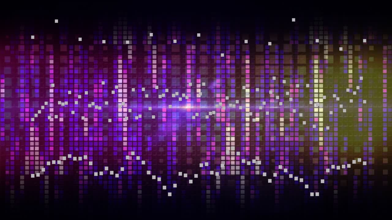Beat pulse starting flare, EQ grid breathing, waveform undulating, sparks flickering showing sound