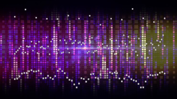 Beat pulse starting flare, EQ grid breathing, waveform undulating, sparks flickering showing sound