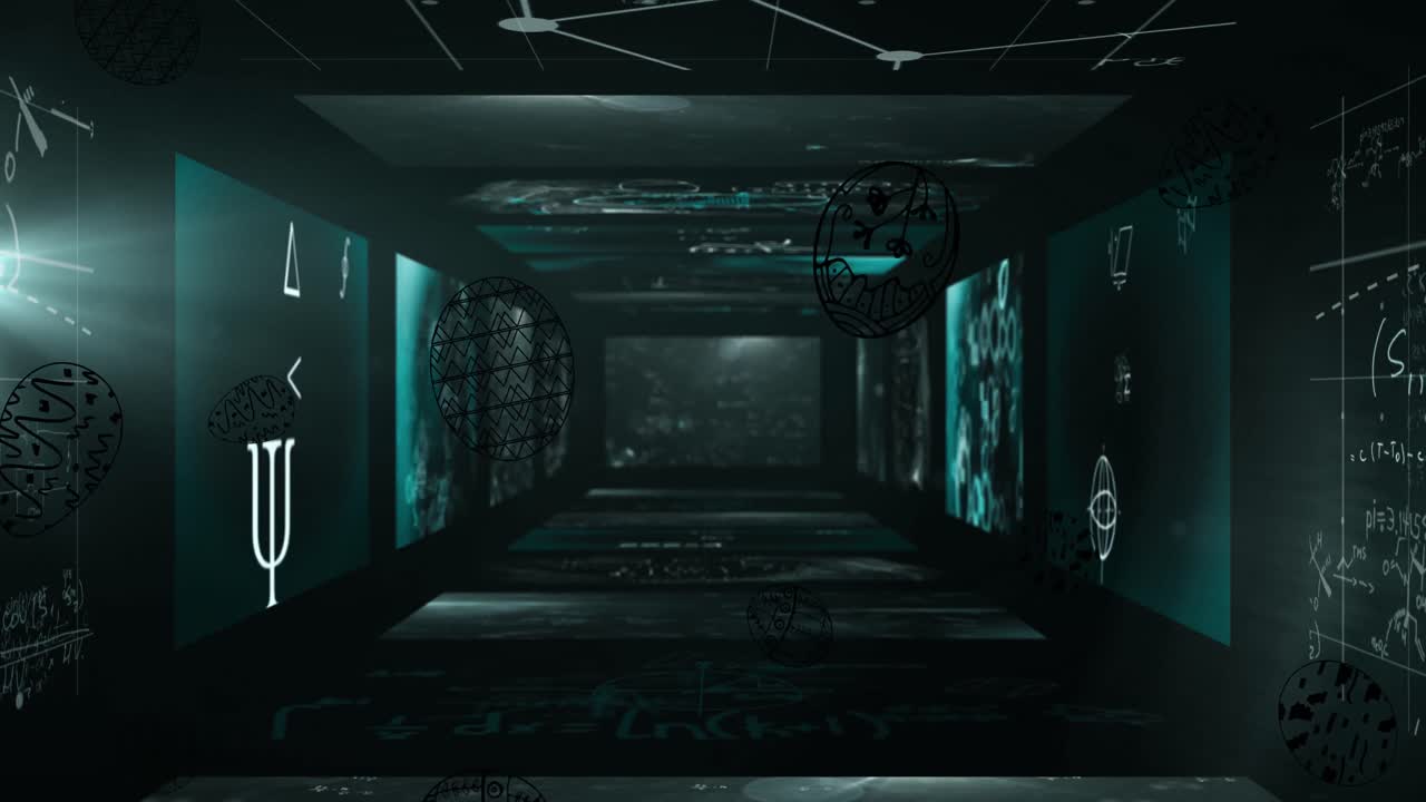 анимация икон яиц над математическими уравнениями над экранами на черном фоне