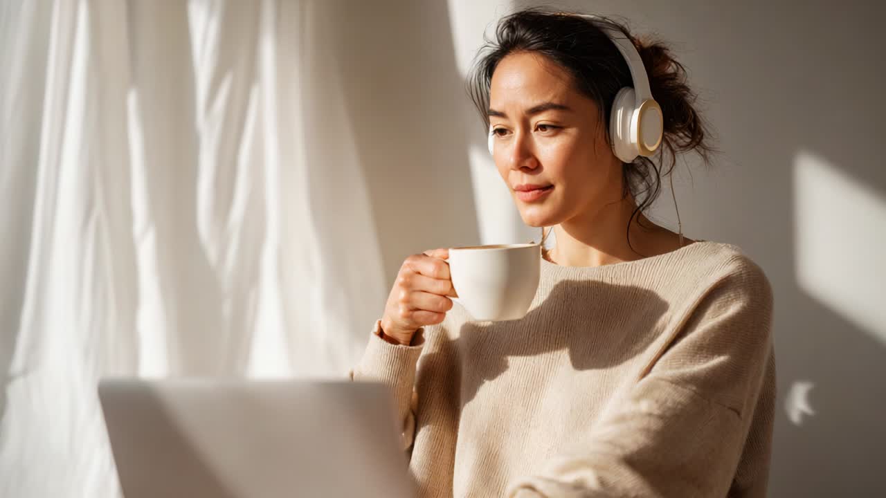 A Cozy Moment of Relaxation: A Woman Enjoying a Warm Beverage While Listening to Music with Headphones, Captured in a Bright Room Bathed in Soft Natural Light