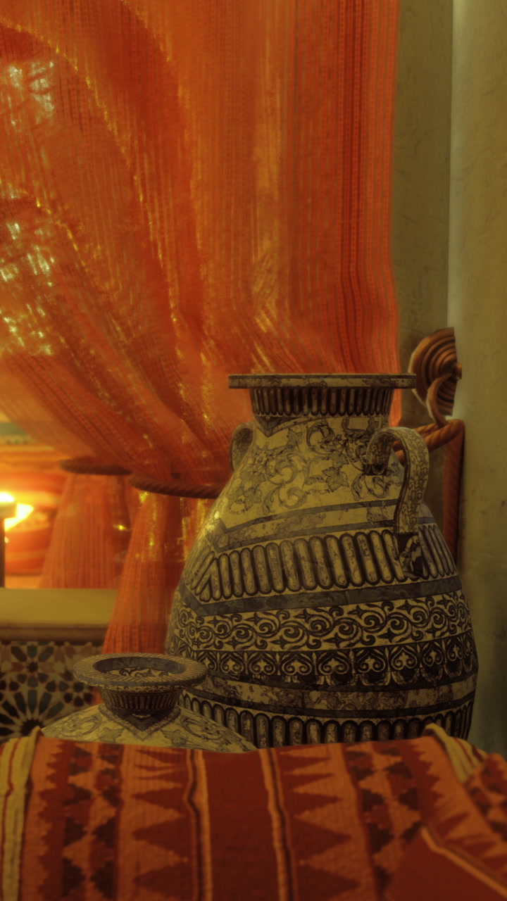 Decorative pottery sits on table in room with orange curtains in evening light