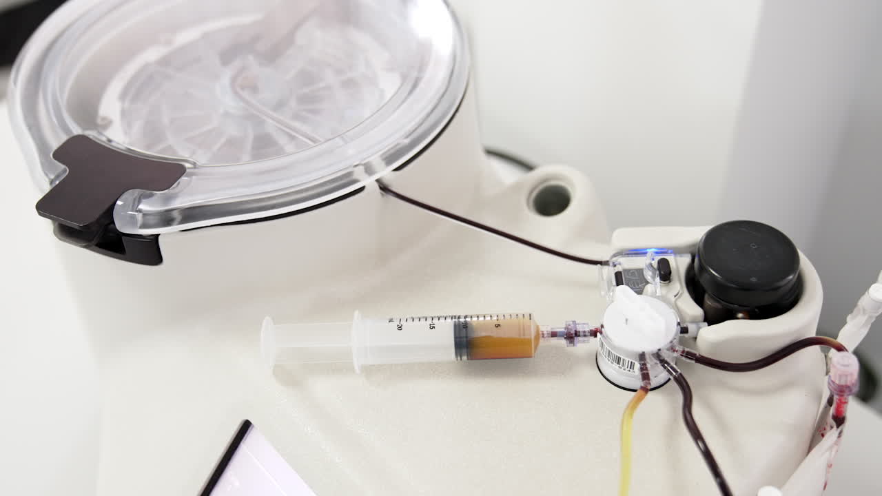 Advanced medical machine with centrifuge producing plasma from blood. Preparing plasma concentrate for prp therapy. Top view.