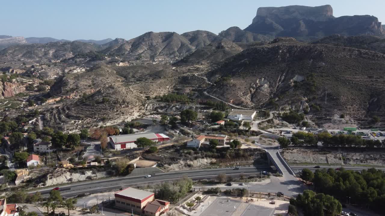 Aerial view of the Petrer arab castle, Spain, with the Maigmo mountains range in the background