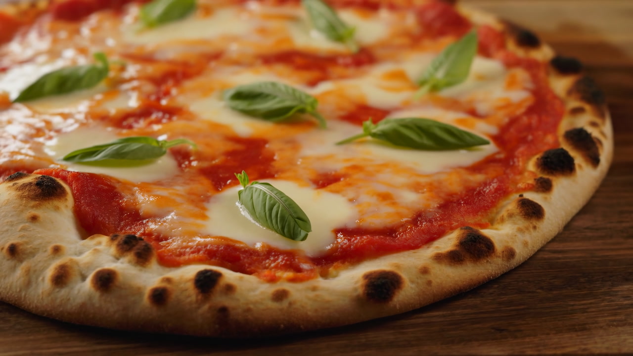 Margherita Pizza Closeup On Wooden Board, Bubbling Mozzarella And Fresh Basil Leaves, Charred Blistered Crust