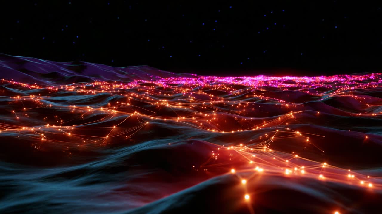 A mesmerizing view of an undulating landscape illuminated by vibrant orange and pink light patterns against a dark starry backdrop, capturing the essence of a surreal and captivating digital world