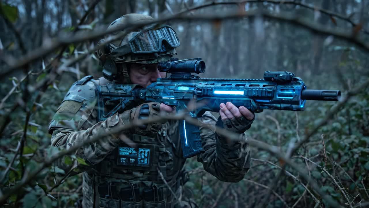 Futuristic Soldier Aiming and Firing a Glowing Rifle in a Forest