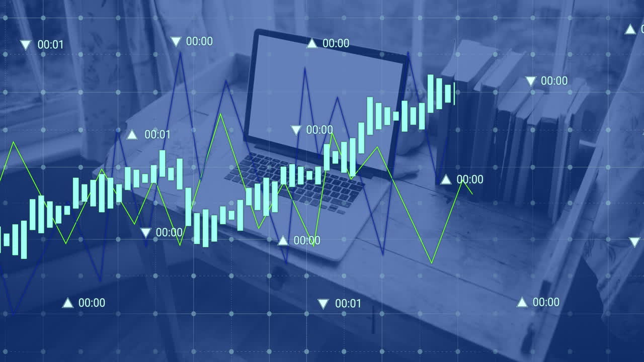 animazione dell'elaborazione dei dati statistici sulla rete di griglia contro le apparecchiature di ufficio sulla scrivania