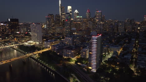 aerial view of the philadelphia skyline at night