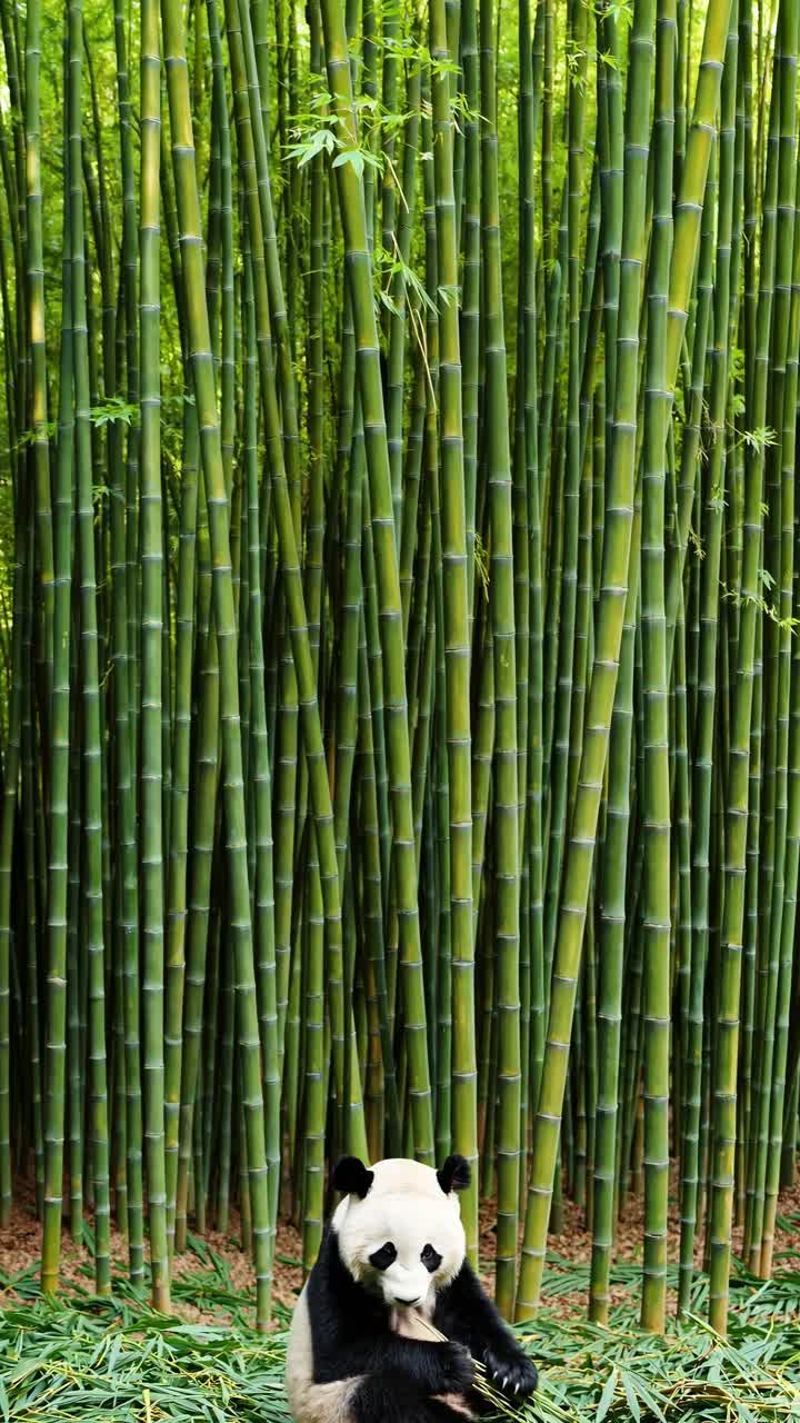 A low-angle video captures a panda sitting amidst towering bamboo, highlighting a serene, natural