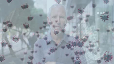 animación de células de virus flotando sobre el hombre mayor caucásico