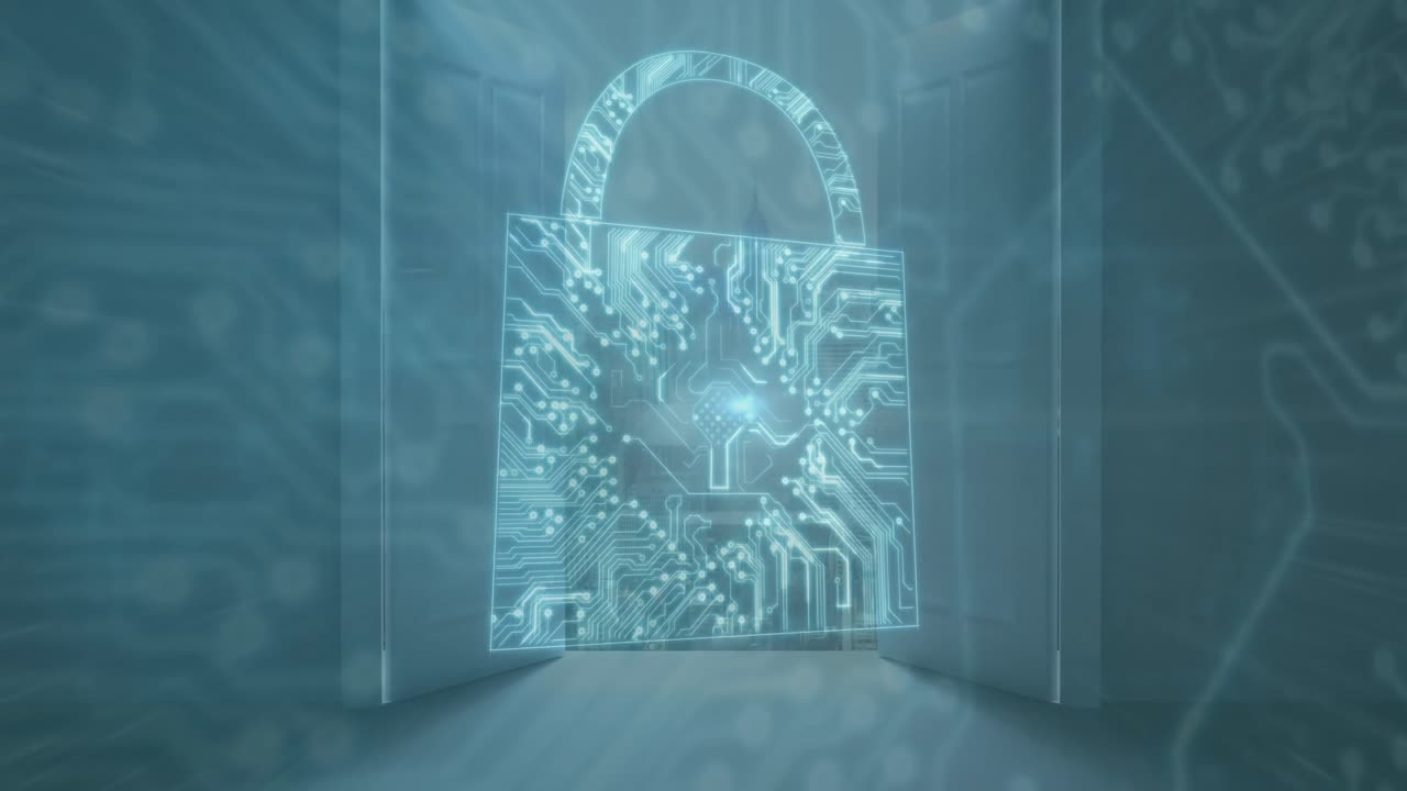 마이크로프로세서 연결의 애니메이션은 창문에서 도시 풍경을 볼 때 락 아이콘을 형성합니다.