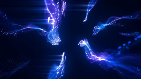 abstract glowing blue and purple light particles flowing in a dark space