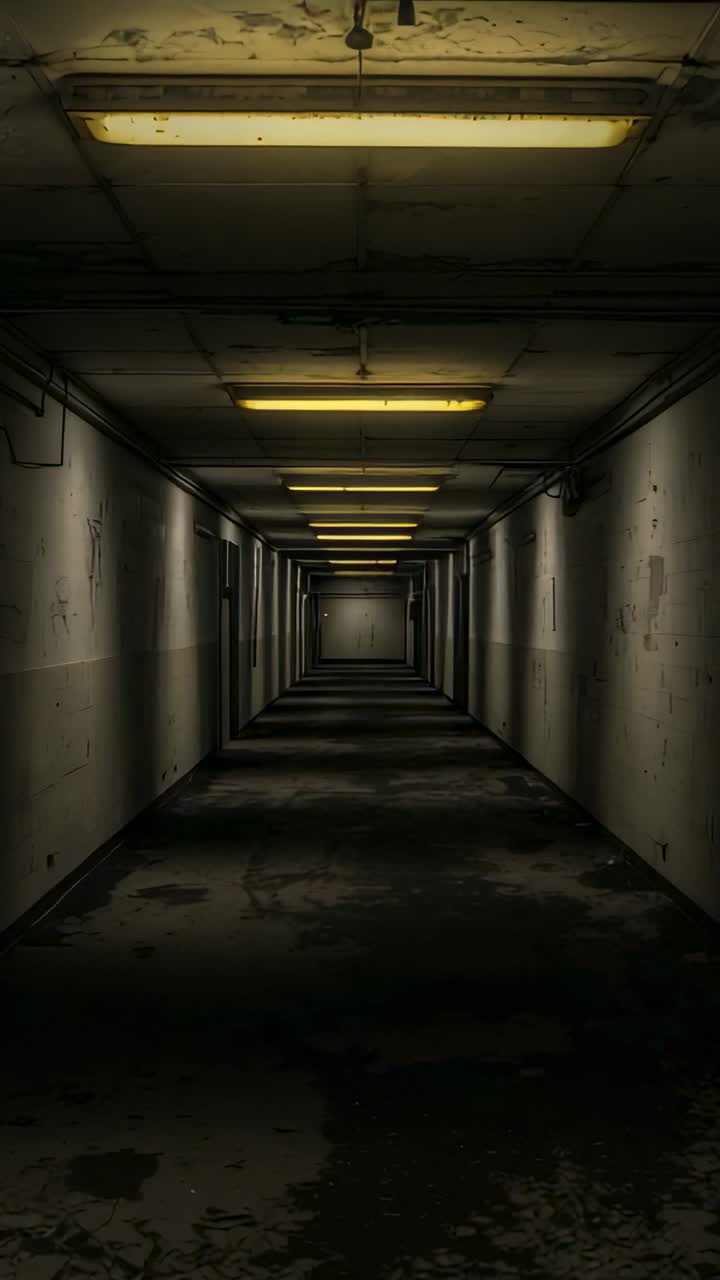 Vertical video: Abandoned corridor decaying under fluorescent lights, with peeling paint and pipes