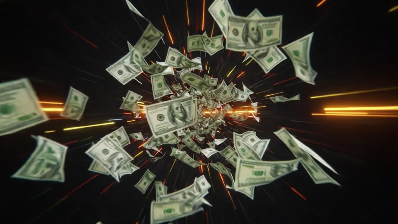 Un'emozionante rappresentazione di denaro che esplode: un viaggio visivo attraverso un vortice di banconote da un dollaro che cattura l'immaginazione e simboleggia ricchezza e abbondanza