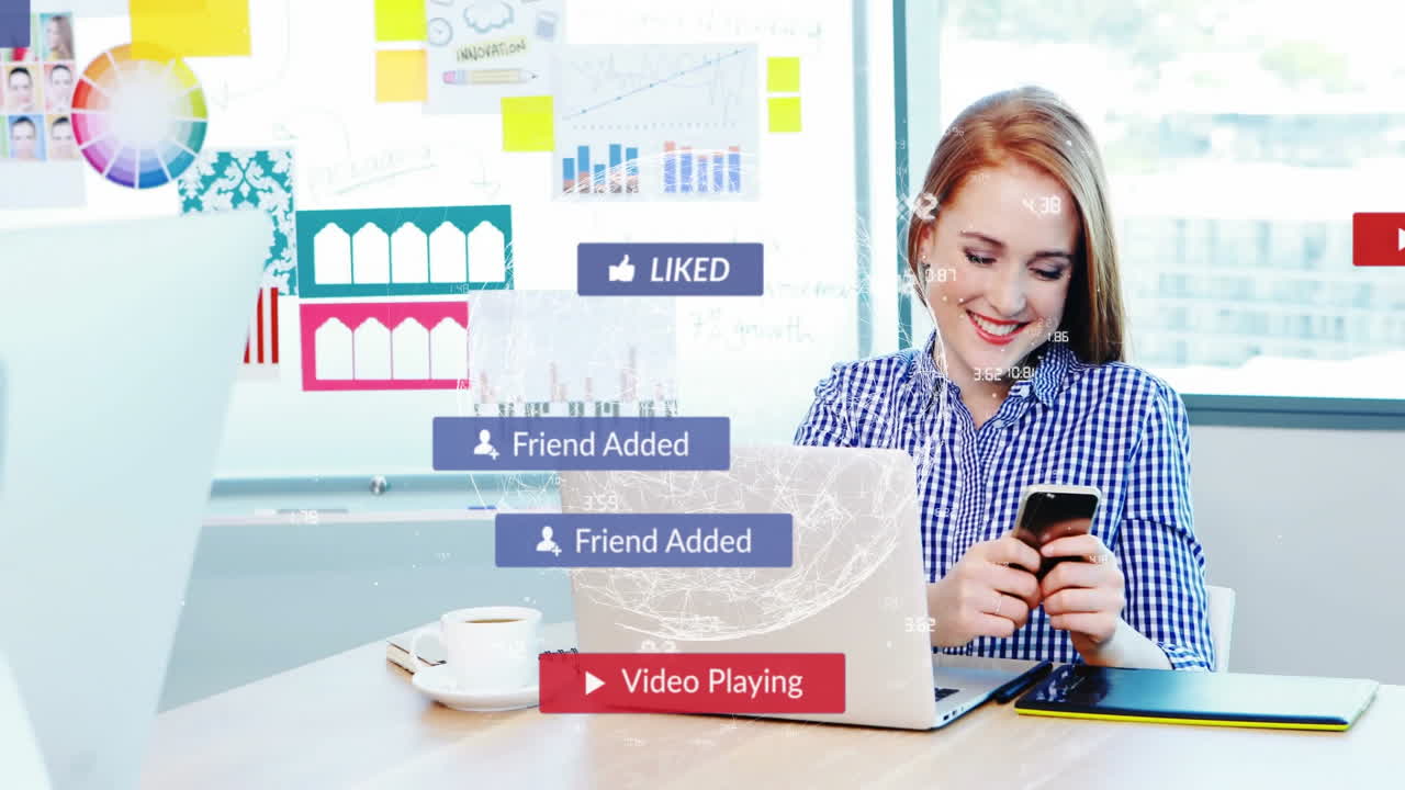 Using smartphone and laptop in office, woman receiving social media notifications animation