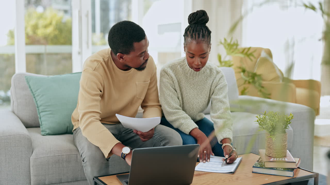 Black couple, laptop and documents for mortgage