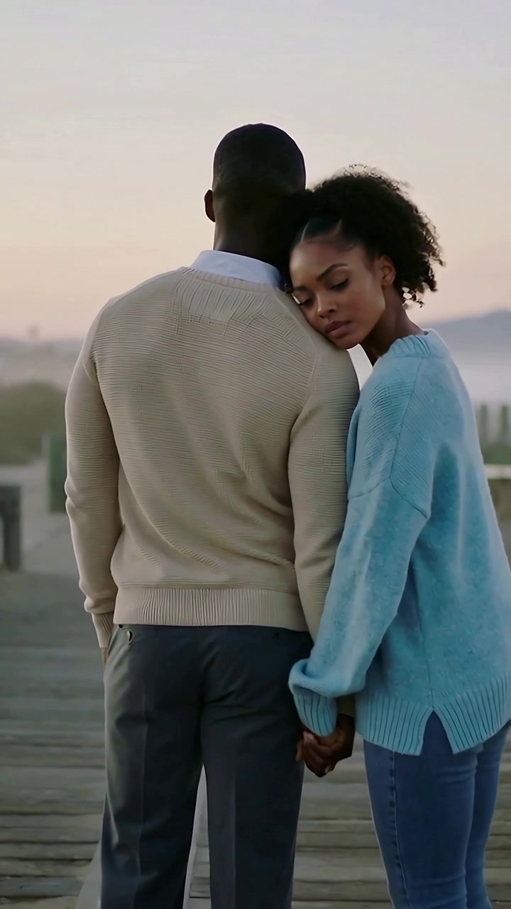 Vertical video: Standing couple in sweaters holding hands on pier, sunrise drawing close